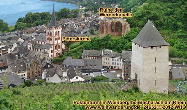 Bacharach am Rhein  Postenturm in den Weinbergen, Ruine der Wernerkapelle und Peterskirche