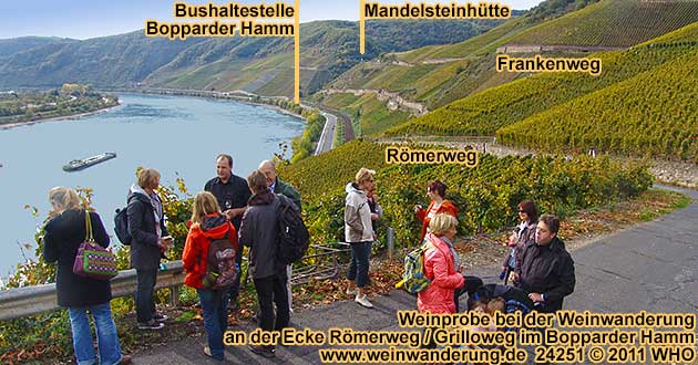 Weinprobe bei der Weinwanderung an der Ecke Rmerweg / Grilloweg im Bopparder Hamm