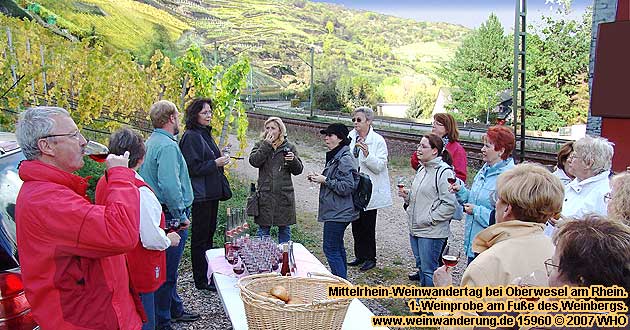 Mittelrhein-Weinwanderung bei Oberwesel am Rhein zum Sieben-Jungfrauen-Blick. Erste Weindegustation neben dem Weinberg an der Koblenzer Strae 89.