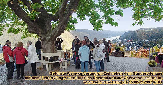 Weinerlebnis am Ziel der Weinwanderwege oder einer Weinbergsrundfahrt beim Grnderrodehaus am Burgensteig bzw. Rhein-Hhen-Weg am Mittelrhein Blick ins Rheintal auf Oberwesel und die Schnburg.