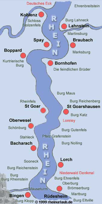 Rheinverlauf mit Burgen zwischen Koblenz, Lahnstein, Loreley, Bingen und Rdesheim.